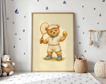 Vintage Tennis Teddy Bear Wall Art , Cute Bear in Vintage Uniform, Perfect Decor for Kids' Rooms, Nurseries, or Sports Enthusiasts , Tennis