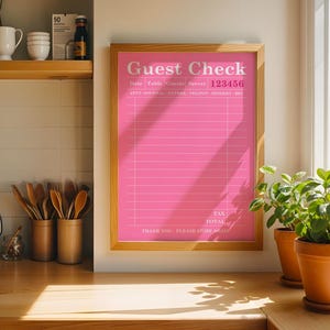 Pink Blank Guest Check Art Print, Trendy Wall Art, Guest Check Print, Digital Art,Guest Check Wall Art, Restaurant Guest Check Receipts pink