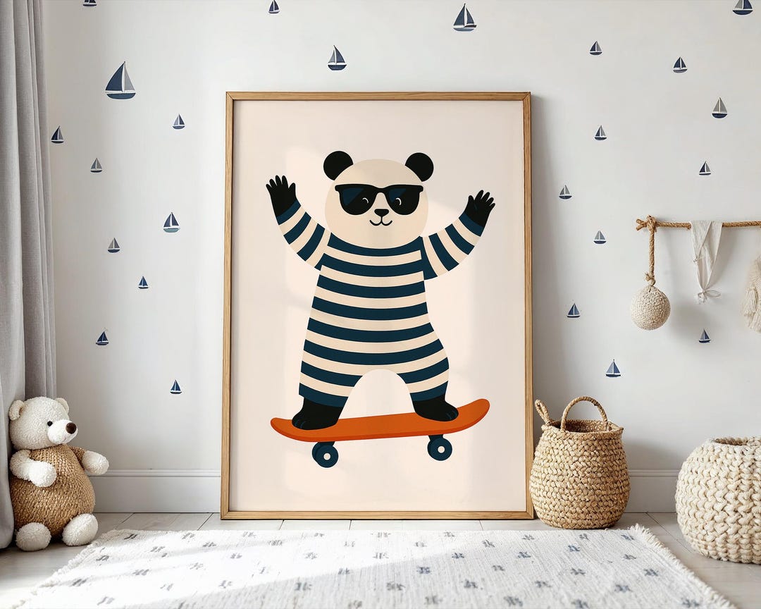 Skater Panda Nursery Art Print , Panda Kid’s Room Decor ,digital ...