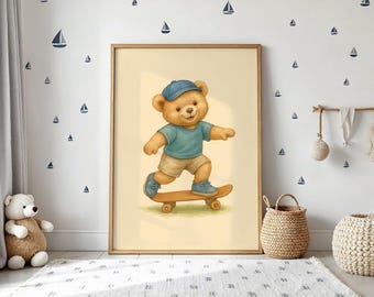 Vintage Skateboard Teddy Bear Wall Art , Cute Bear in Vintage Uniform, Perfect Decor for Kids' Rooms, Nurseries, Skateboard lover gift kids