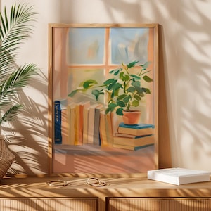 Impresión de amante de los libros y las plantas, pintura de una pila de libros, arte imprimible para ratones de biblioteca, arte mural moderno, decoración de lectura celestial bohemia, libro minimalista acogedor