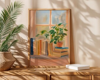 May include: A framed art print showing a window scene with books and a potted plant. The artwork has a warm colour palette and a wooden frame. The books are stacked on a windowsill, and the plant is in an orange pot.