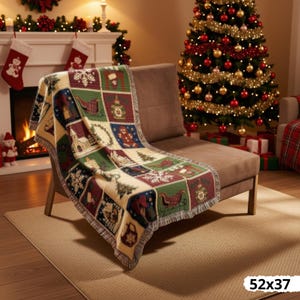 Weihnachtliche Webdecke, Patchwork-Weihnachtsdecke, Gemütliche Weihnachtsdeko im Landhausstil, Vintage-Weihnachtsdecke mit Wandteppichmuster, Geschenk für Sie