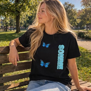 Blue Butterfly, Solarize T-Shirt | Vertical Text, Minimal Nature Graphic