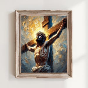 May include: A painting depicting a man on a cross, wearing a crown of thorns. The man is shown with blood on his body and a pained expression. The background is a cloudy sky with a bright light shining down.