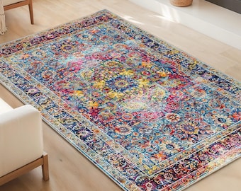 Vibrant Floral Patterned Rectangular Area Rug | Colorful Bohemian Living Room Carpet | Luxurious Decorative Rug for Home