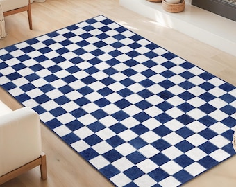 Navy Blue Checkered Rectangle Area Rug | Stylish Geometric Pattern Carpet | Modern Living Room Decor | Soft Washable Floor Mat