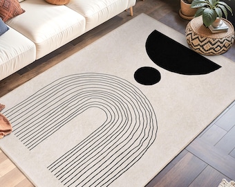 Abstract Black and White Rectangular Rug | Modern Living Room Carpet | Stylish Home Decor | Chic Geometric Area Mat