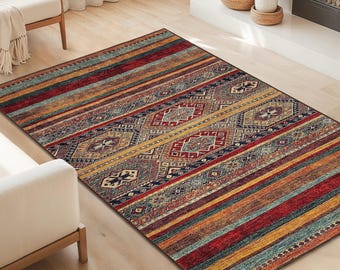 Colorful Geometric Pattern Rectangular Area Rug | Bohemian Living Room Carpet | Stylish Home Decor | Soft and Durable Floor Mat