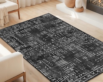 Modern Geometric Black and White Rectangular Area Rug | Stylish Living Room Carpet | Abstract Design for Home Decor