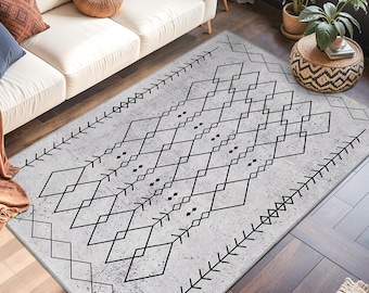Geometric Pattern Rectangle Area Rug | Modern Black and White Living Room Carpet | Stylish Home Décor for Any Space