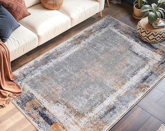 Modern Abstract Rectangular Area Rug | Stylish Living Room Carpet | Sophisticated Grey and Orange Design | Elegant Home Decor