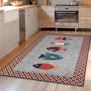 Colorful Fish Print Rectangular Kitchen Runner Rug | Fun Decorative Area Carpet | Unique Fish Pattern Kitchen Mat
