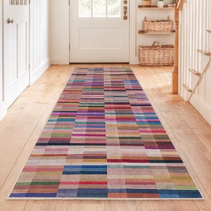 Colorful Striped Rectangular Area Rug | Modern Hallway Runner | Vibrant Entrance Carpet | Stylish Home Décor
