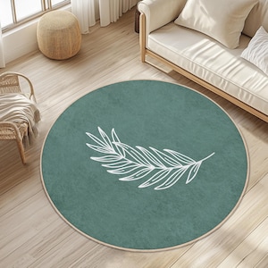 Tappeto rotondo per soggiorno con stampa a foglie / Tappeto moderno con cerchi verdi / Elegante arredamento per la casa / Tappetino morbido e lavabile