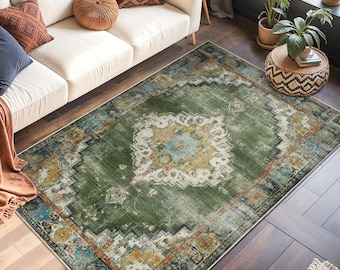 Élégant tapis rectangulaire à fleurs vintage | Tapis à motifs vert et bleu doux | Décoration d'intérieur classique | Superbe tapis de salon