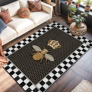 Bee Crown Patterned Washable Rectangular Rug | Elegant Honeycomb Design Carpet | Chic Home Decor Mat | Stylish Bee Themed Area Rug