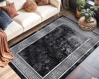 Elegant Geometric Patterned Rectangular Rug | Modern Black and White Living Room Carpet | Stylish Home Decor