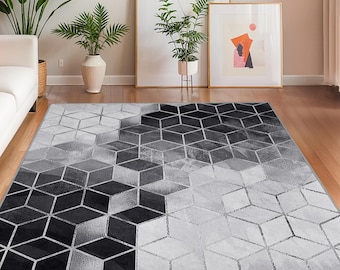 Geometric Pattern Rectangular Area Rug | Modern Living Room Carpet | Black and White Decorative Mat | Stylish Home Accent