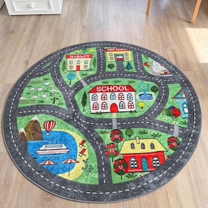Kleurrijk rond kinderspeelkleed | Interactief tapijt met wegenkaart voor kinderkamers | Zachte en wasbare babymat