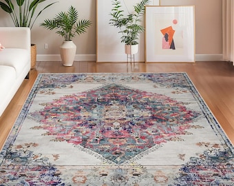 Colorful Vintage Rectangular Area Rug | Persian Style Living Room Carpet | Boho Chic Floor Mat | Elegant Home Decor