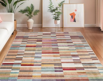 Carpette rectangulaire à rayures colorées | Tapis de salon moderne | de sol design abstrait | Décoration d'intérieur élégante