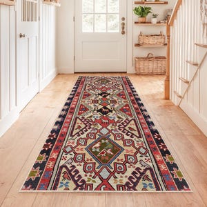 Geometric Patterned Rectangle Area Rug | Vintage Style Corridor Runner | Bohemian Entryway Carpet | Colorful Home Decor