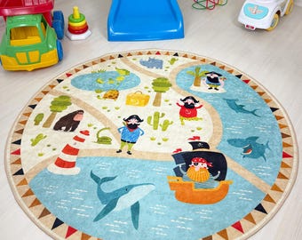 Pirate Adventure Round Kids' Rug | Playful Sea-Themed Carpet for Children's Room | Soft Washable Nursery Mat