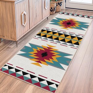 Geometric Patterned Rectangular Area Rug | Bohemian Style Hallway Runner | Vibrant Tribal Carpet for Entryway