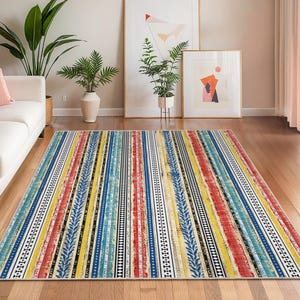 Vibrant Striped Rectangular Area Rug | Colorful Bohemian Living Room Carpet | Modern Home Decor | Eye-Catching Floor Mat