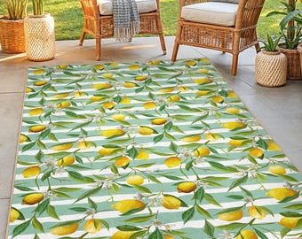 Lemon Floral Rectangular Kitchen Rug | Stylish Green Striped Area Carpet | Vibrant Kitchen Decor | Fresh Citrus Home Mat