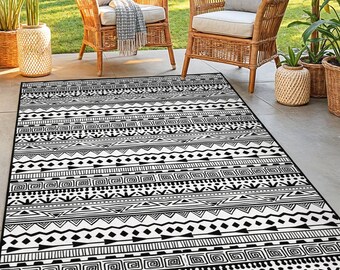 Geometric Black and White Rectangular Area Rug | Modern Ethnic Design Carpet | Stylish Living Room Floor Mat | Chic Home Decor