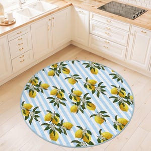 Lemon Pattern Round Kitchen Rug | Bright Yellow Citrus Area Mat | Fresh Fruit Decor for Home | Stylish Round Carpet
