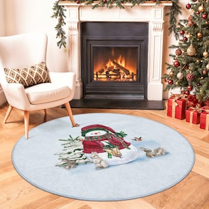 Charming Snowman Themed Round Christmas Rug | Festive Holiday Floor Mat | Winter Wonderland Carpet for Home Decor