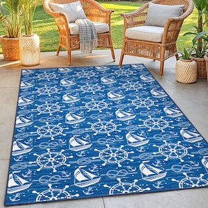 Nautical Themed Rectangle Area Rug | Sailboats and Wheel Design | Coastal Living Room Carpet | Perfect for Beach House Decor