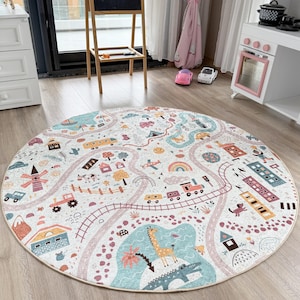 Kleurrijke avonturenkaart rond kindertapijt | Speels kinderkamertapijt | Zachte katoenen speelmat voor kinderkamer | Ideaal cadeau voor peuters