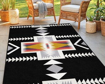 Geometric Patterned Rectangular Area Rug | Modern Black and White Carpet | Stylish Living Room Decor | Elegant Home Flooring