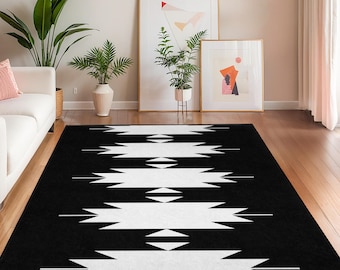 Stylish Geometric Patterned Rectangular Area Rug | Modern Black and White Living Room Carpet | Contemporary Home Decor