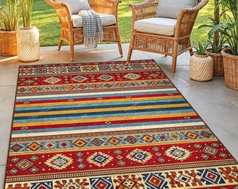 Colorful Geometric Patterned Rectangular Area Rug | Boho Chic Living Room Carpet | Modern Tribal Design for Home Decor