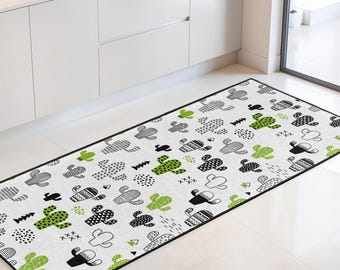 Cactus Pattern Rectangular Kitchen Runner Rug | Modern Black and Green Home Decor | Stylish Area Rug for Kitchen and Dining