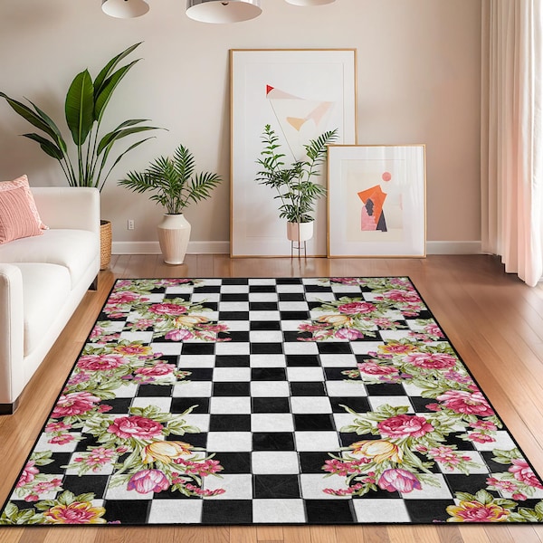 Floral Checkerboard Pattern Rug | Elegant Rectangle Carpet for Living Room | Vintage Style Home Decor | Chic Floral Area Mat
