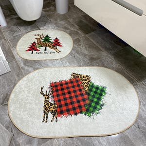 Plaid and Leopard Print Rectangular Bath Mat Set | Stylish Non-Slip Bathroom Rugs | Cozy and Durable Home Decor