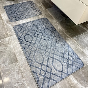 Geometric Patterned Rectangular Bath Mat Set | Soft Blue Cotton Bathroom Rugs | Stylish Non-Slip Mats for Home Decor