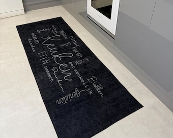 Alfombra rectangular lavable con elegante diseño de palabras para cocina / Decoración moderna para el hogar / Alfombra elegante para comedor / Tapete de cocina negro y gris
