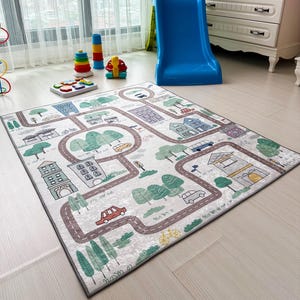 Wasbaar vloerkleed voor de kinderkamer met wegenkaartthema | Speels rechthoekig tapijt voor peuters | Zacht katoenen kindervloerkleed