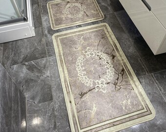 Elegant Marble Design Rectangular Bath Mat Set | Luxurious Home Décor Rug | Soft and Non-Slip Bathroom Carpet | Stylish Gray and Gold Rugs