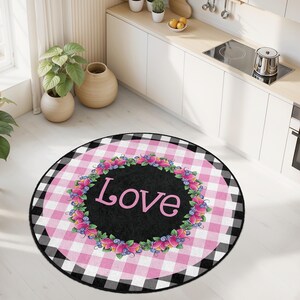 Floral Love Round Kitchen Rug | Stylish Pink Checkered Home Decor | Soft Floral Area Mat | Perfect for Dining Room