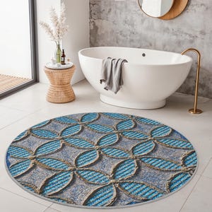 Blue Geometric Pattern Round Bath Mat | Soft Cotton Non-Slip Rug | Stylish Bathroom Decor for Home | Vibrant Circular Floor Mat