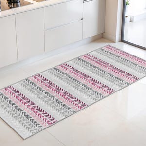 Chevron Pattern Rectangular Kitchen Runner Rug | Stylish Grey and Pink Kitchen Mat | Durable Non-Slip Floor Carpet