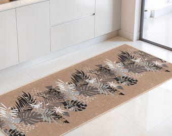 Tropical Leaves Patterned Rectangular Kitchen Runner Rug | Modern Beige Area Carpet for Home Decor | Stylish Floor Mat